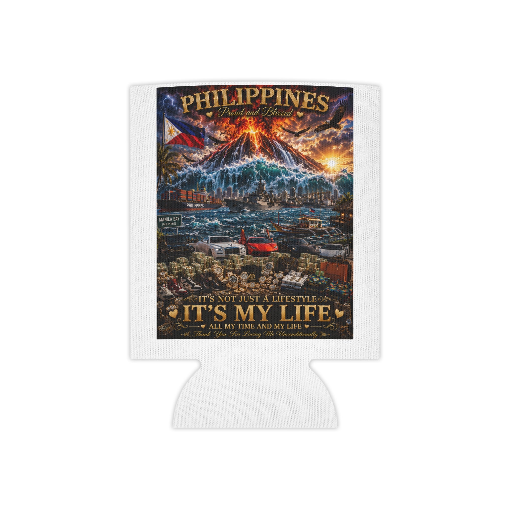 Philippines Travel Can Cooler — "It's My Life" Tropical Volcano Design