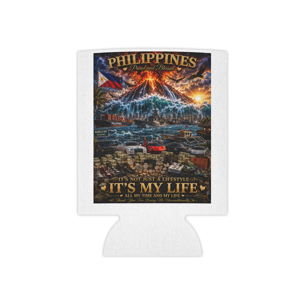 Philippines Travel Can Cooler — "It's My Life" Tropical Volcano Design